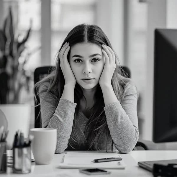 A young professional sitting at her desk, head resting in her hands
